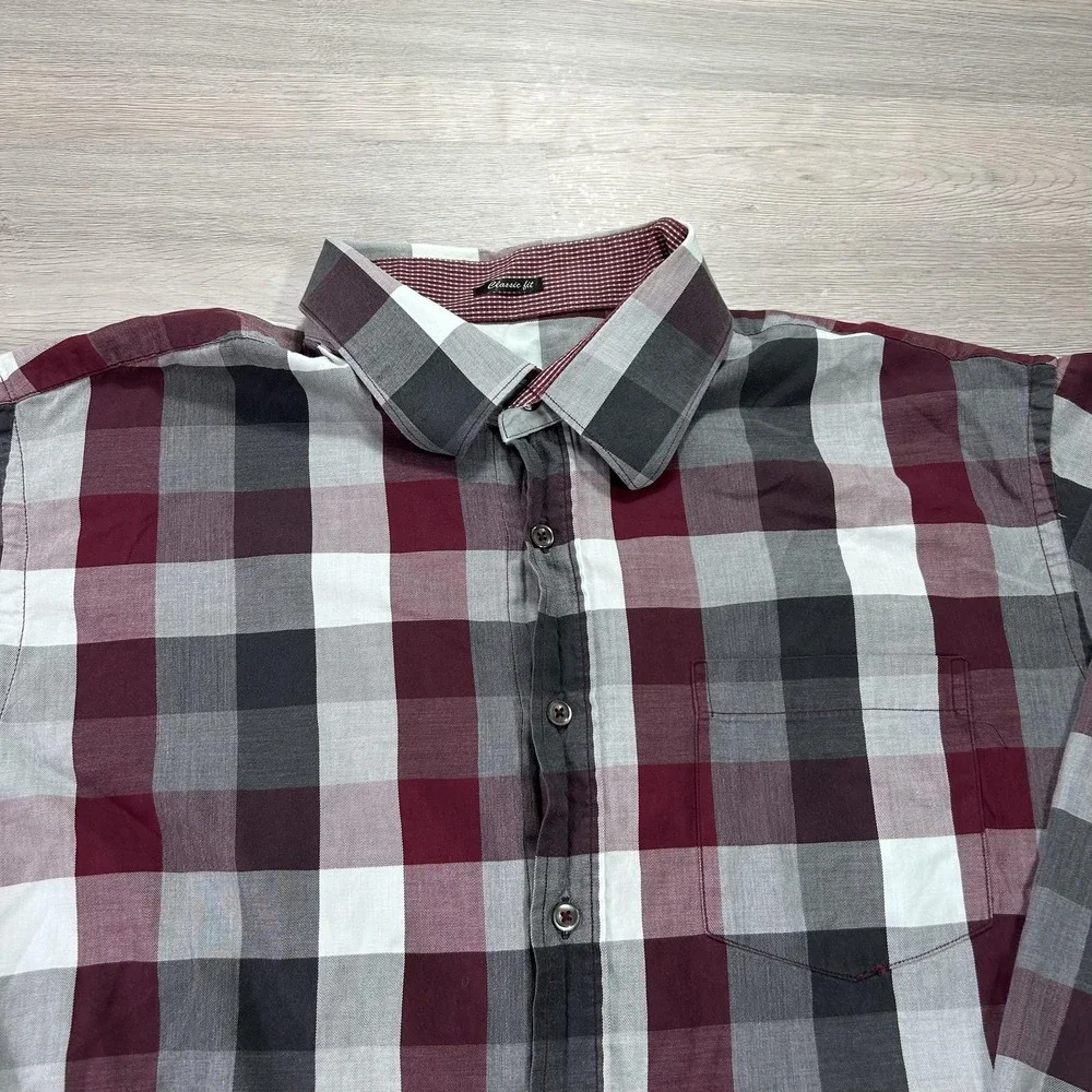 Bullock & Jones Shirt Mens 2XL Red‎ Gray Plaid Long Sleeve Button Up Casual